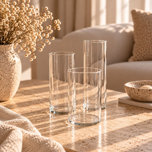 Three empty clear glass cylinder vases in varying heights, styled together in a minimalist living room