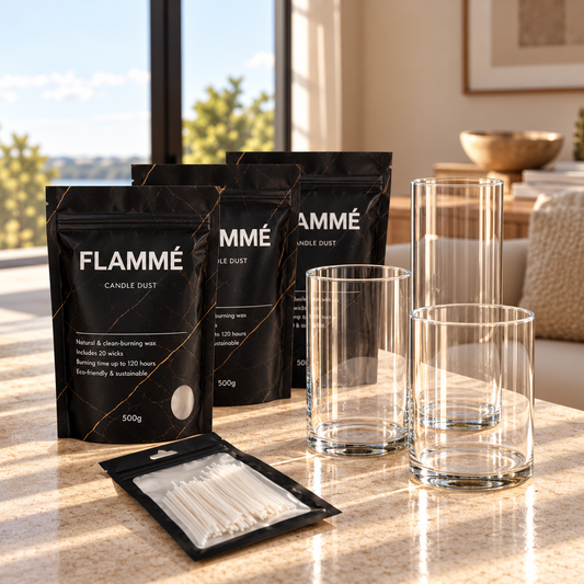 Three empty clear glass cylinder vases in varying heights, Flamme Candle Dust and wicks bundle